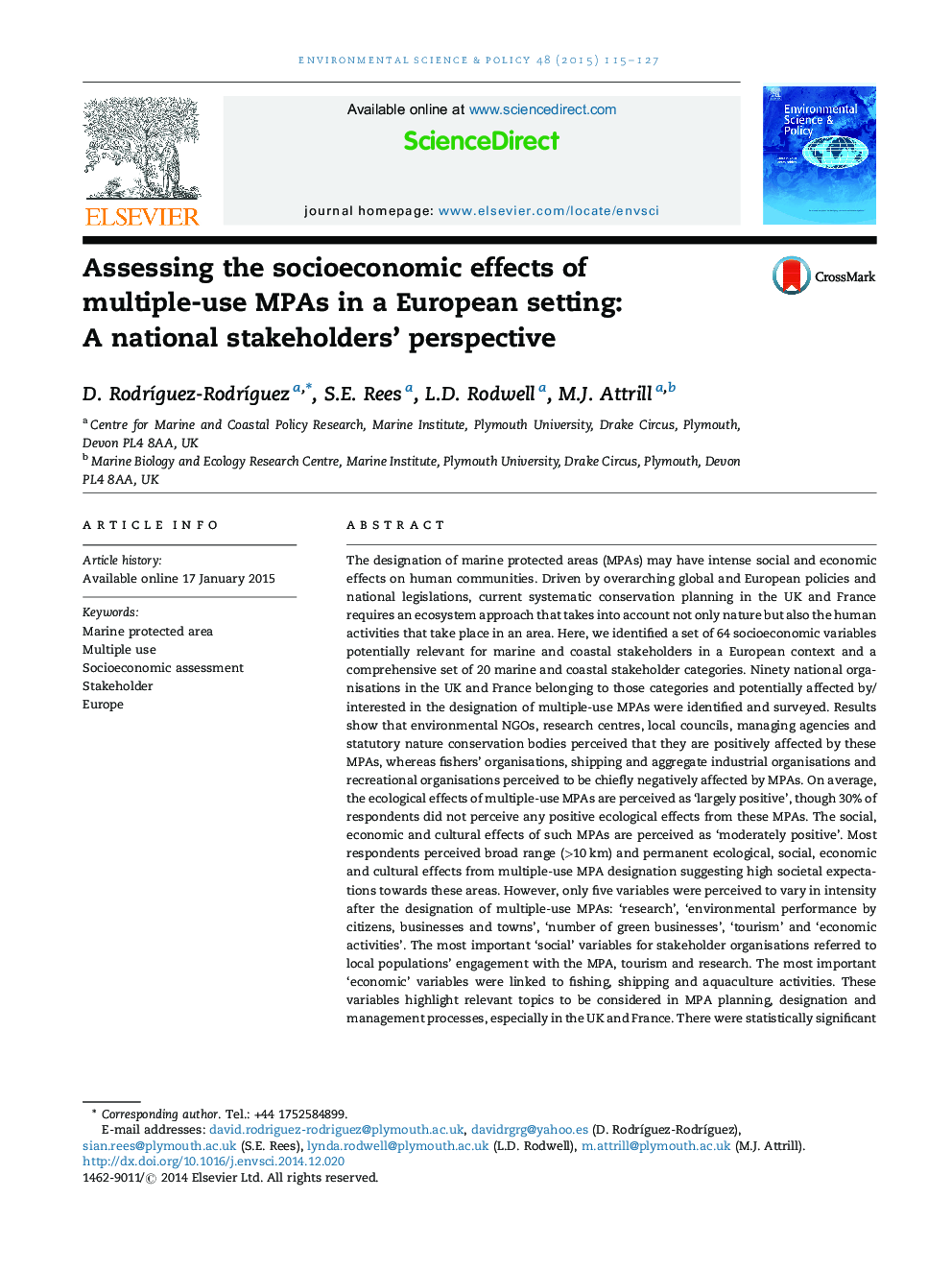 Assessing the socioeconomic effects of multiple-use MPAs in a European setting: A national stakeholders' perspective