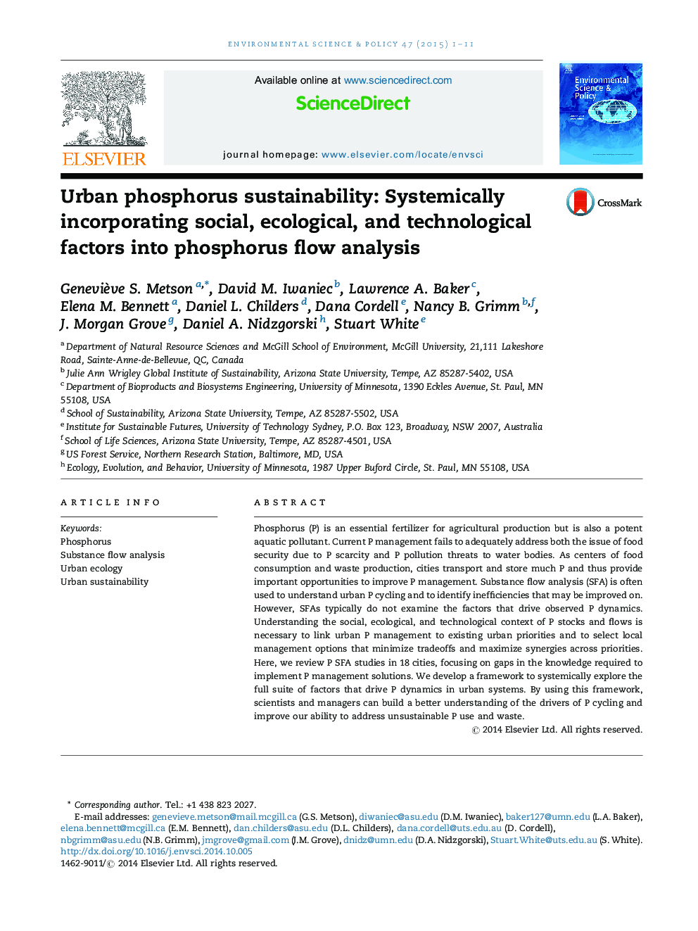 Urban phosphorus sustainability: Systemically incorporating social, ecological, and technological factors into phosphorus flow analysis