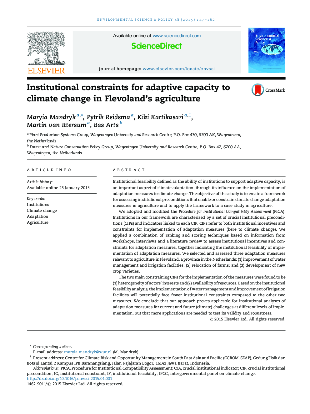 Institutional constraints for adaptive capacity to climate change in Flevoland's agriculture