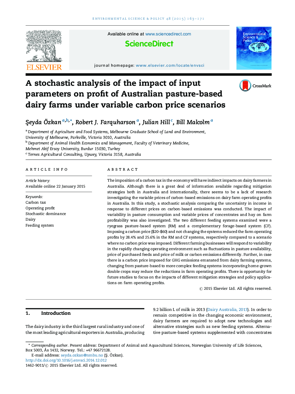 تجزیه و تحلیل تصادفی از تاثیر پارامترهای ورودی بر سود مزارع لبنی مبتنی بر مرتع در استرالیا در سناریوهای قیمت متغیر کربن متغیر 