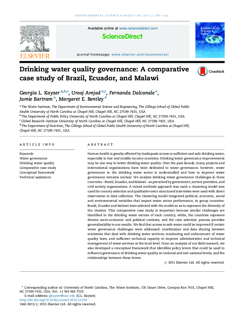 Drinking water quality governance: A comparative case study of Brazil, Ecuador, and Malawi