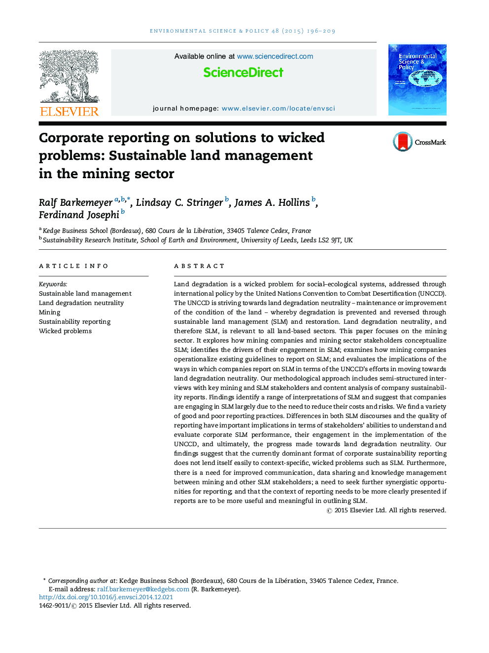 Corporate reporting on solutions to wicked problems: Sustainable land management in the mining sector