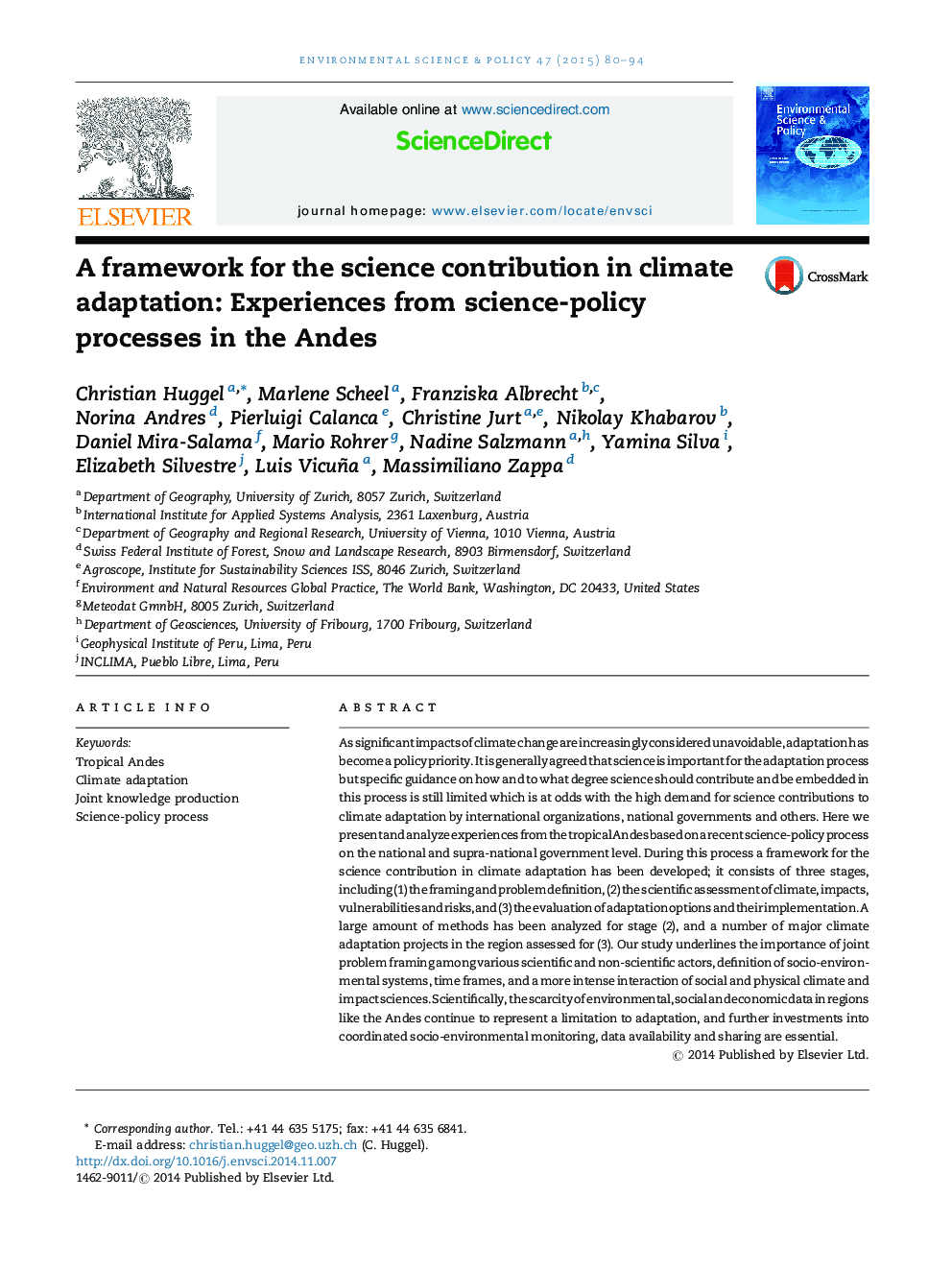 A framework for the science contribution in climate adaptation: Experiences from science-policy processes in the Andes