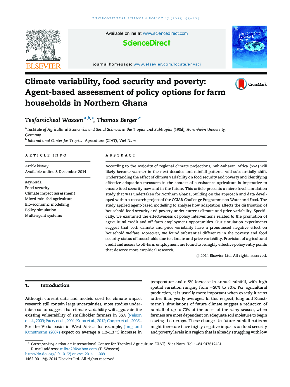 تنوع اقلیمی، امنیت غذایی و فقر: ارزیابی مبتنی بر مبانی گزینه های سیاست برای خانوارهای مزرعه در شمال غنا 