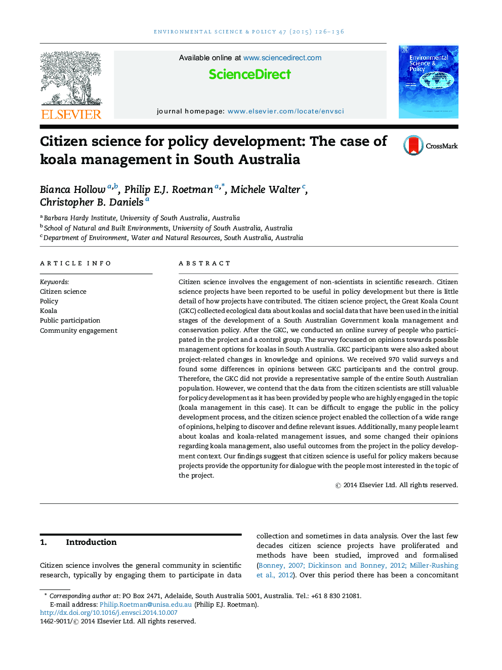 Citizen science for policy development: The case of koala management in South Australia