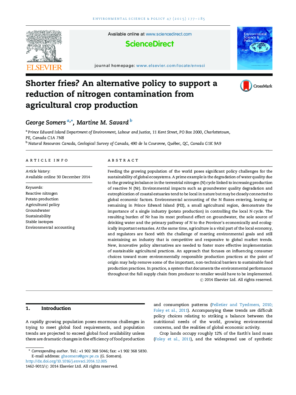 Shorter fries? An alternative policy to support a reduction of nitrogen contamination from agricultural crop production