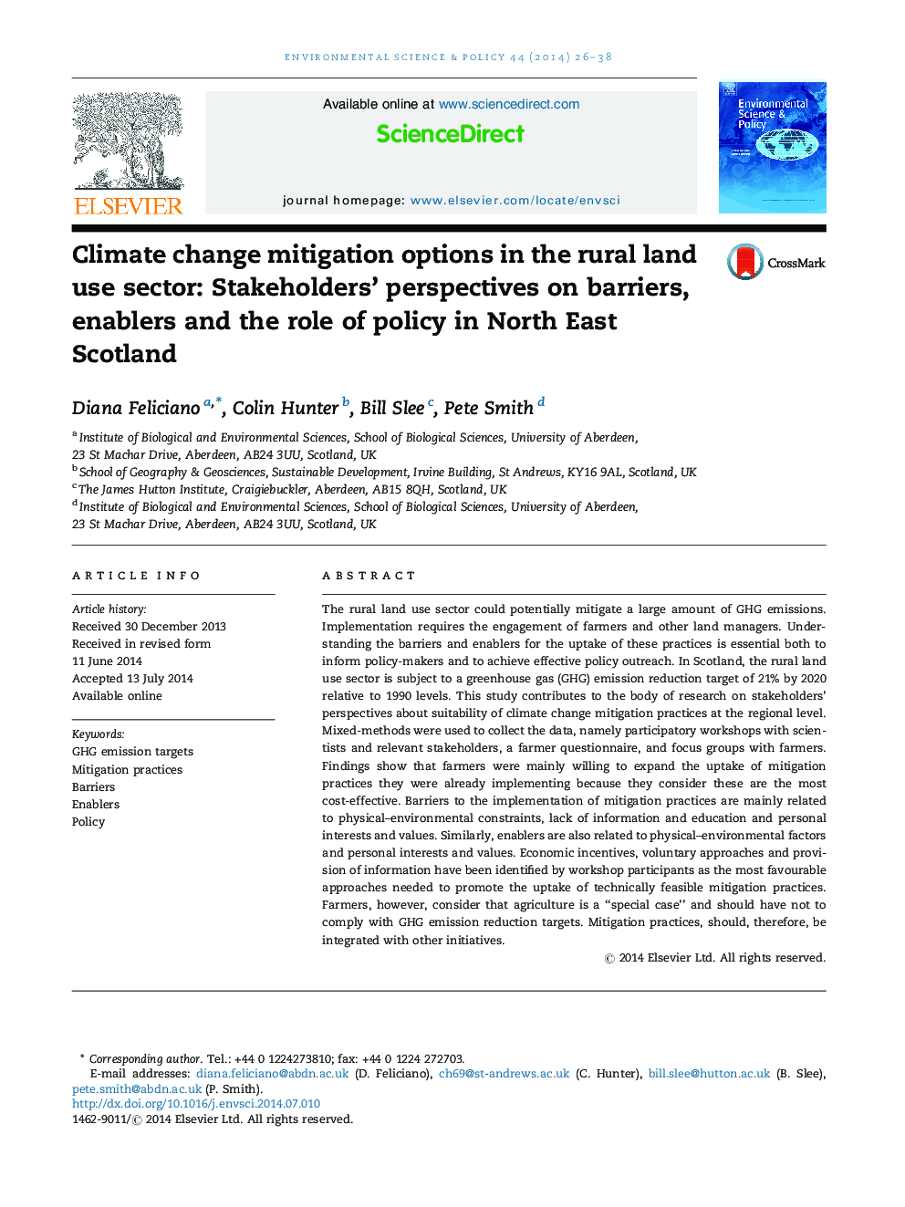 Climate change mitigation options in the rural land use sector: Stakeholders' perspectives on barriers, enablers and the role of policy in North East Scotland