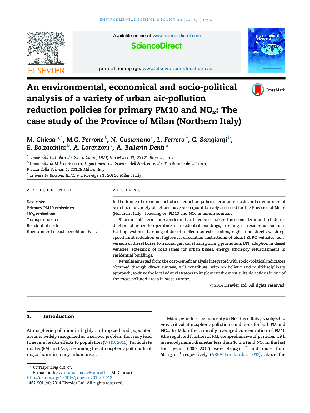 An environmental, economical and socio-political analysis of a variety of urban air-pollution reduction policies for primary PM10 and NOx: The case study of the Province of Milan (Northern Italy)