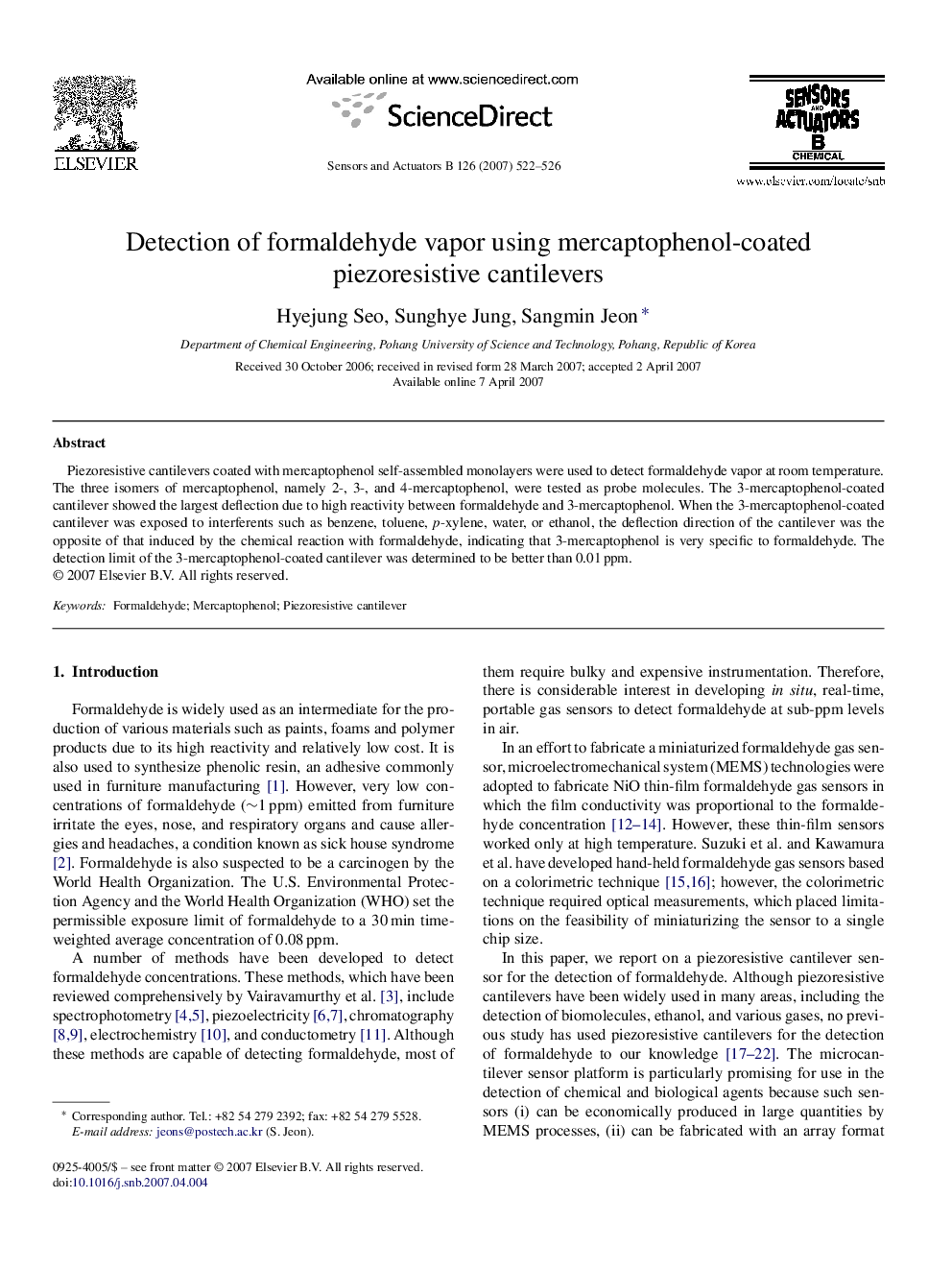 Detection of formaldehyde vapor using mercaptophenol-coated piezoresistive cantilevers