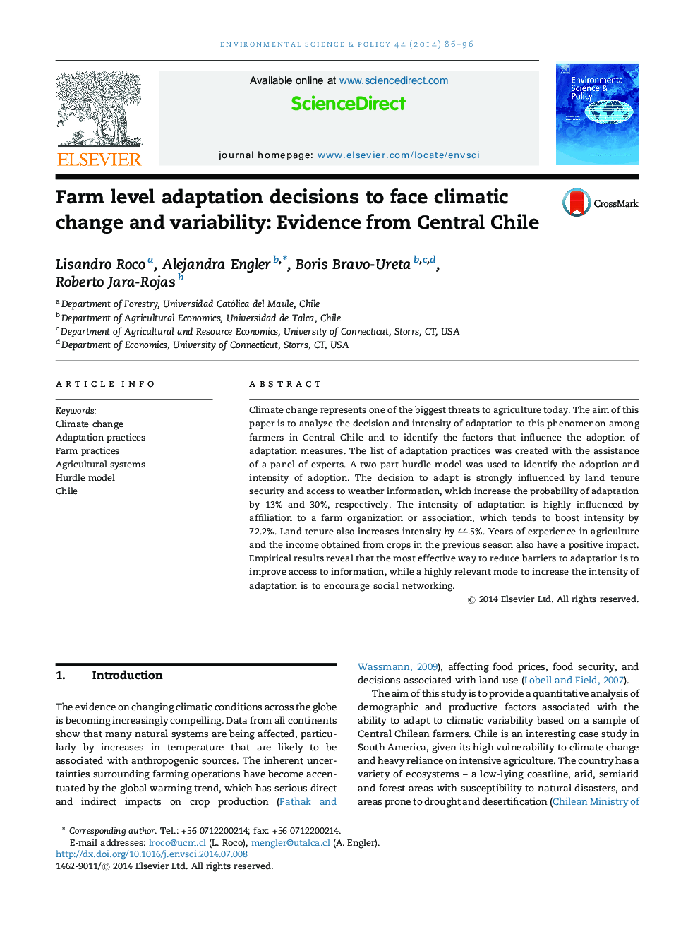 Farm level adaptation decisions to face climatic change and variability: Evidence from Central Chile