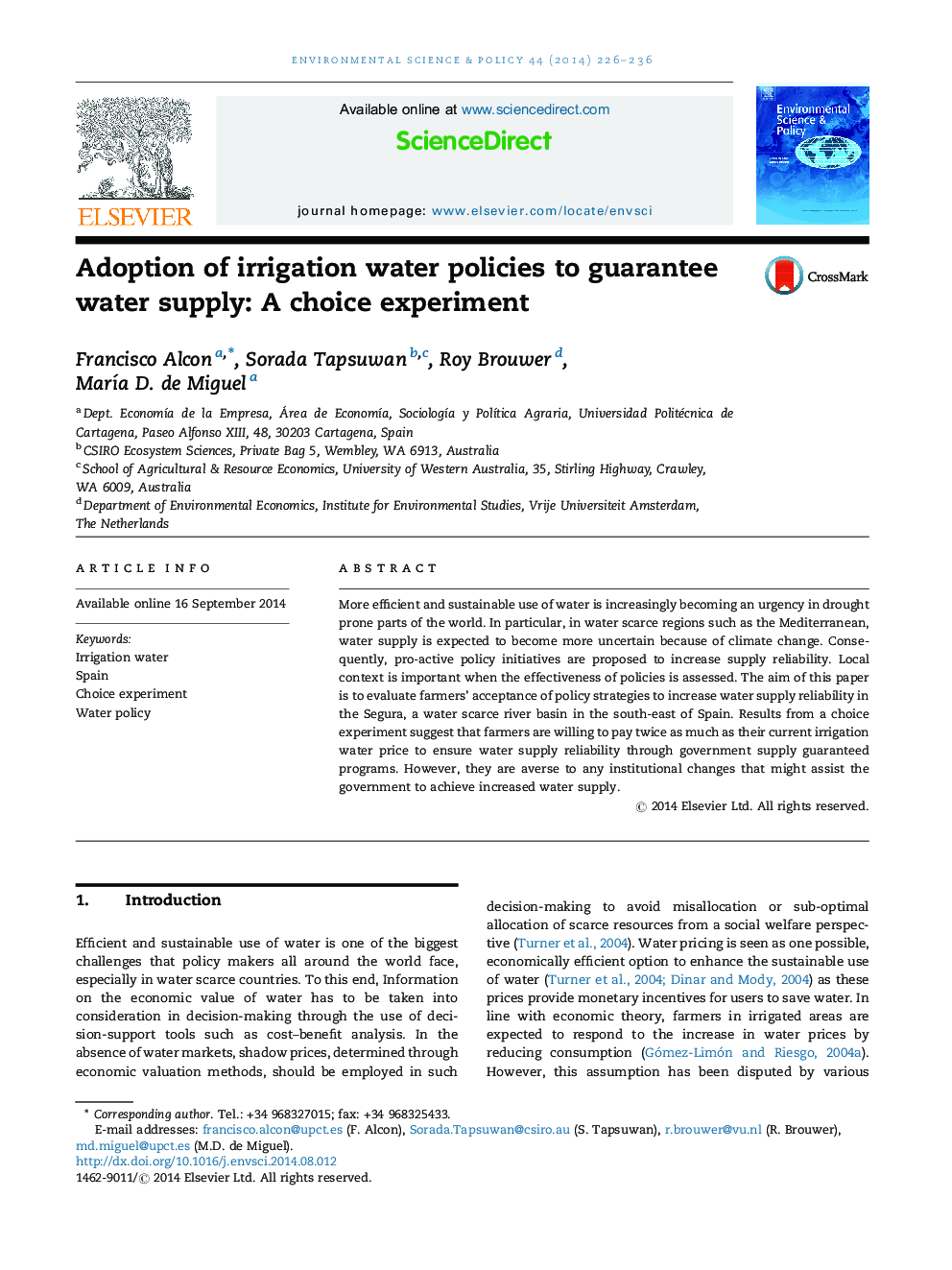 Adoption of irrigation water policies to guarantee water supply: A choice experiment