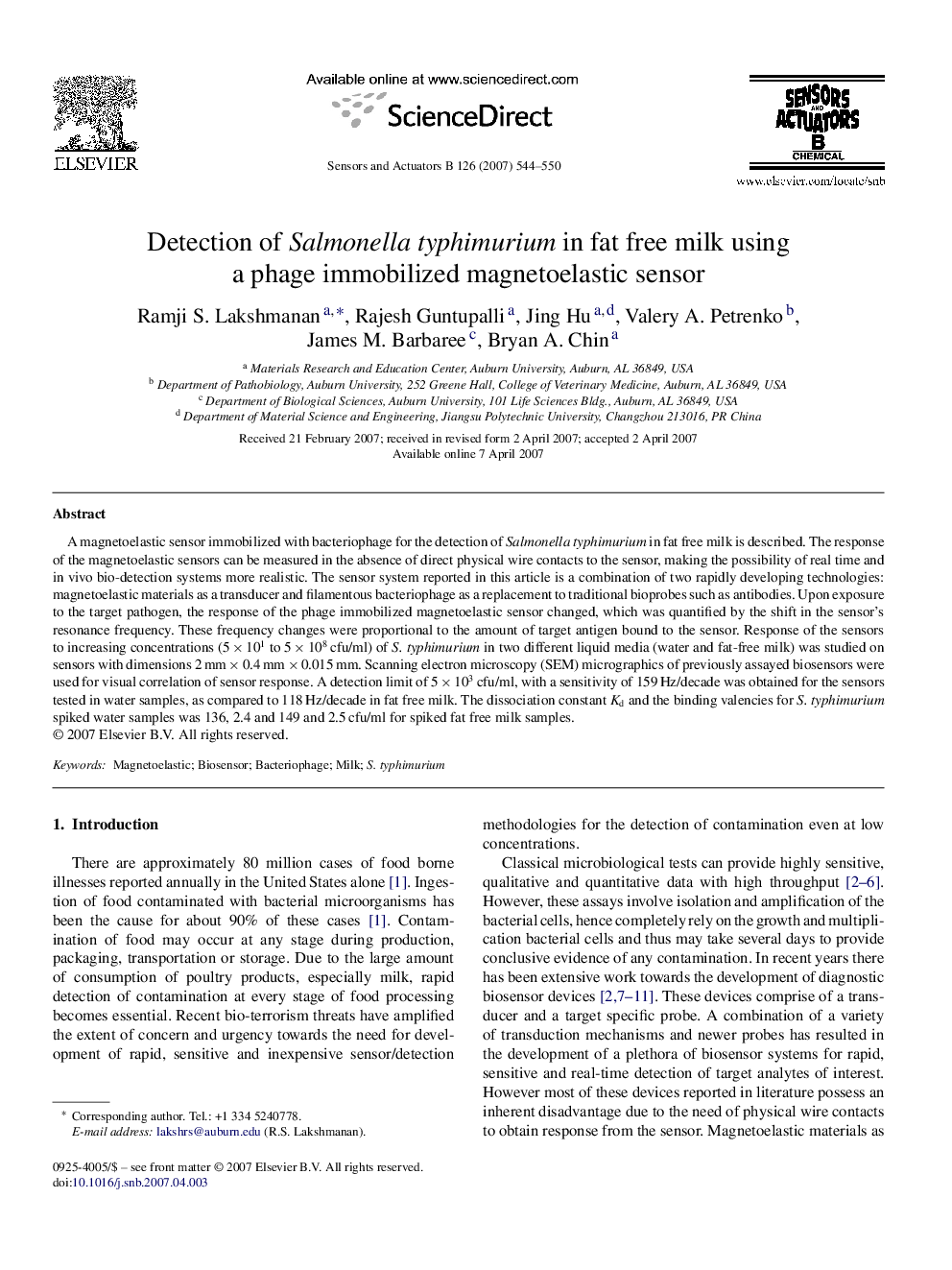 Detection of Salmonella typhimurium in fat free milk using a phage immobilized magnetoelastic sensor