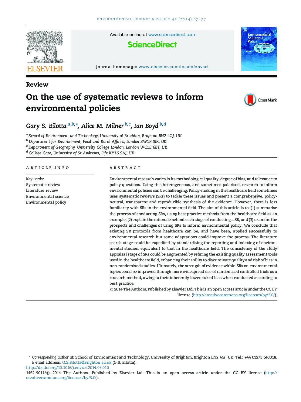 On the use of systematic reviews to inform environmental policies