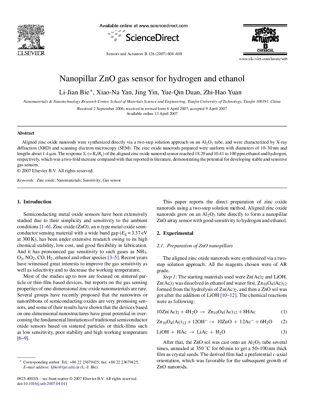 Nanopillar ZnO gas sensor for hydrogen and ethanol