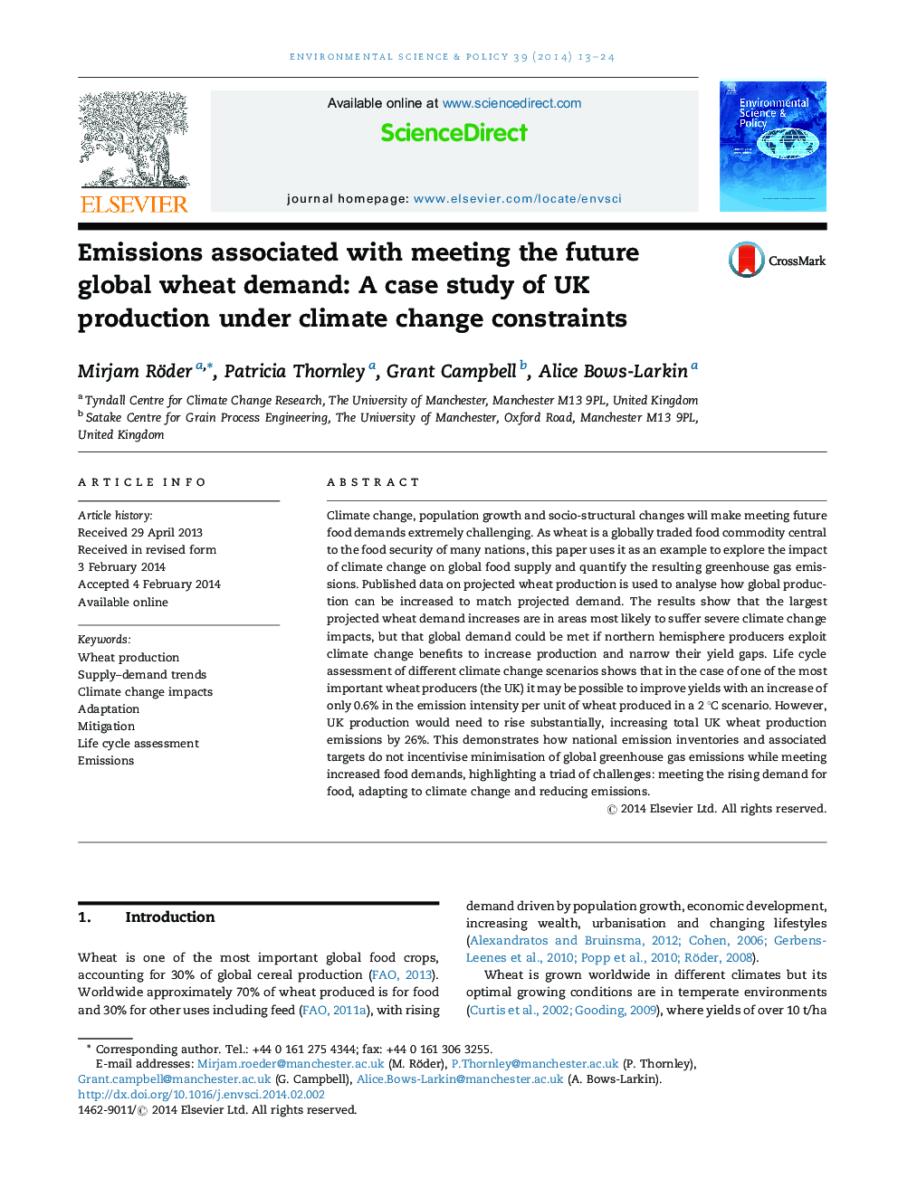 Emissions associated with meeting the future global wheat demand: A case study of UK production under climate change constraints
