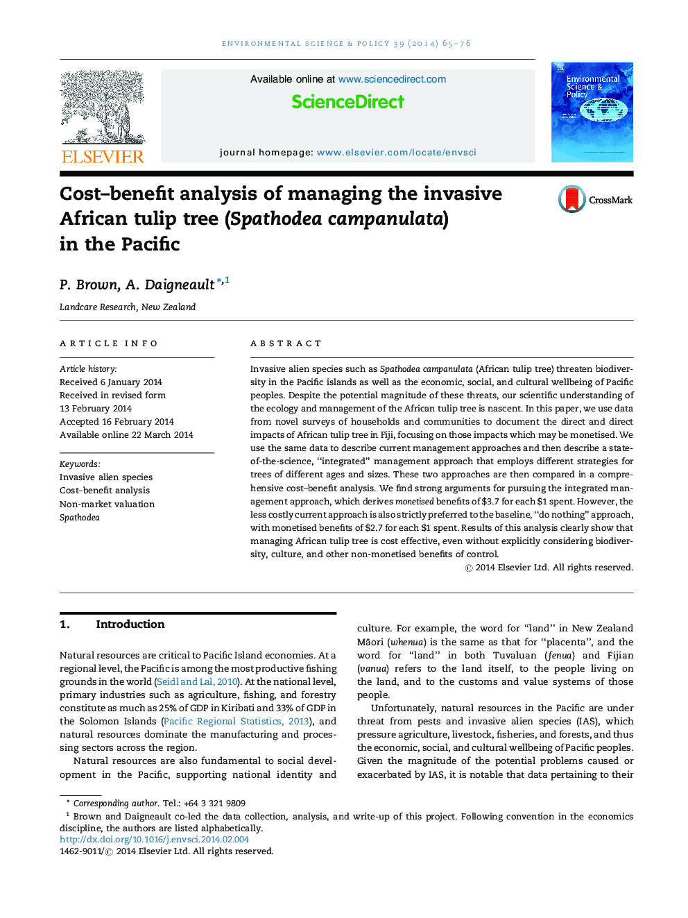 Cost-benefit analysis of managing the invasive African tulip tree (Spathodea campanulata) in the Pacific