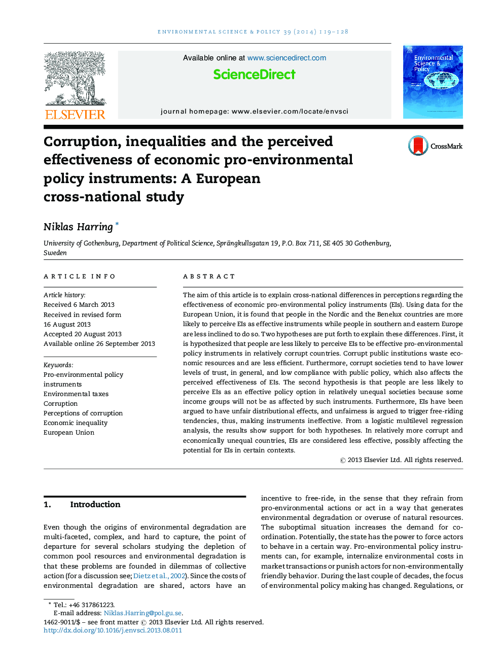 Corruption, inequalities and the perceived effectiveness of economic pro-environmental policy instruments: A European cross-national study