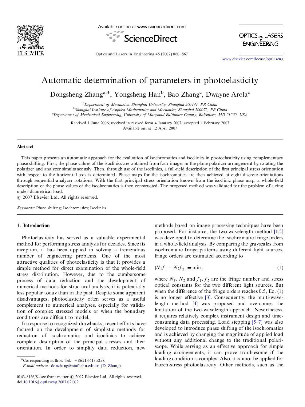 Automatic determination of parameters in photoelasticity