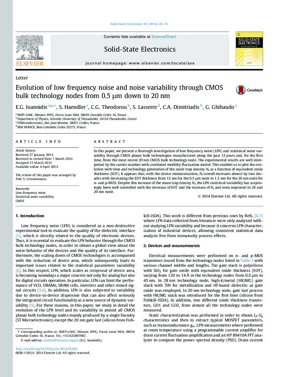 Evolution of low frequency noise and noise variability through CMOS bulk technology nodes from 0.5 μm down to 20 nm