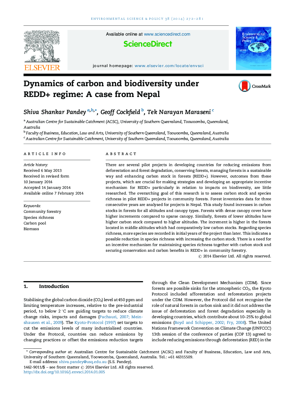 Dynamics of carbon and biodiversity under REDD+ regime: A case from Nepal