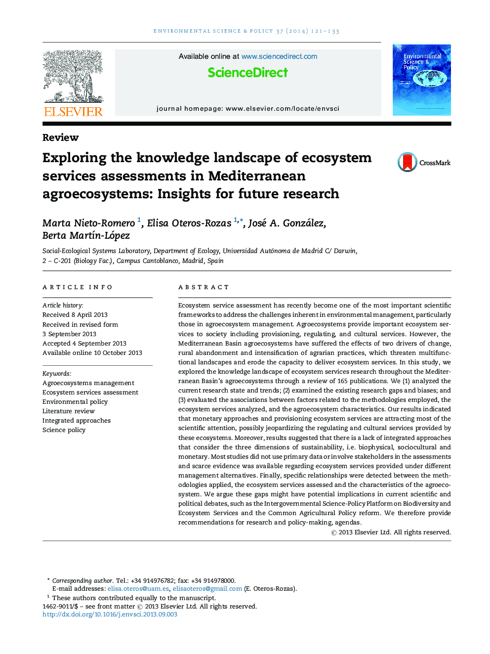 Exploring the knowledge landscape of ecosystem services assessments in Mediterranean agroecosystems: Insights for future research