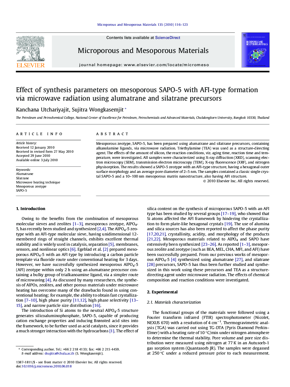 Effect of synthesis parameters on mesoporous SAPO-5 with AFI-type formation via microwave radiation using alumatrane and silatrane precursors