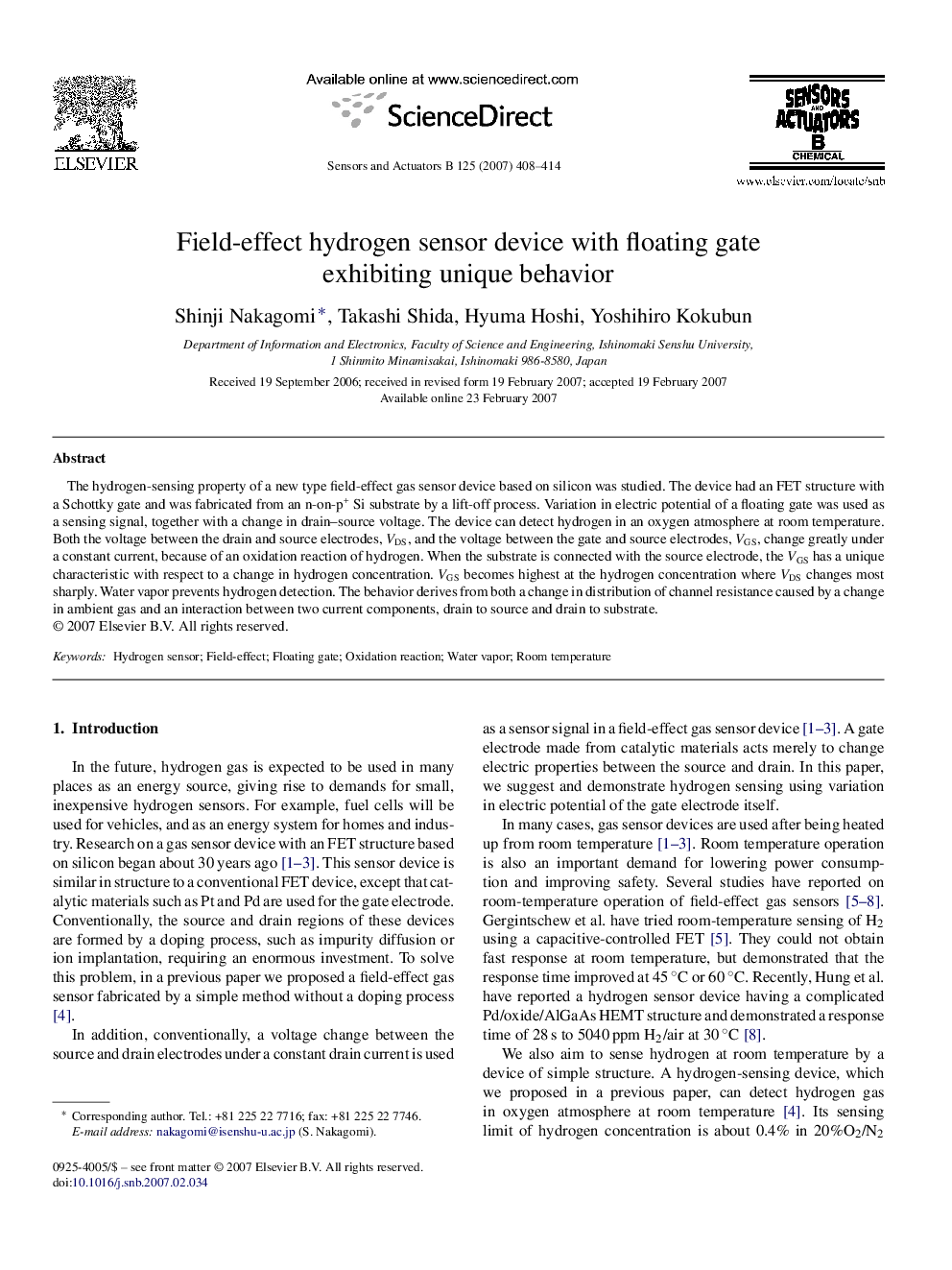 Field-effect hydrogen sensor device with floating gate exhibiting unique behavior