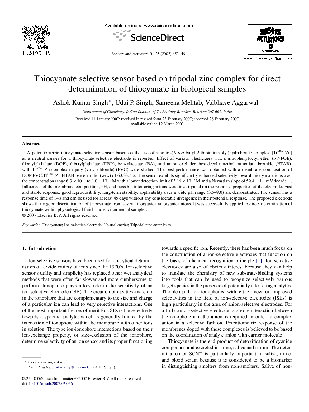 Thiocyanate selective sensor based on tripodal zinc complex for direct determination of thiocyanate in biological samples