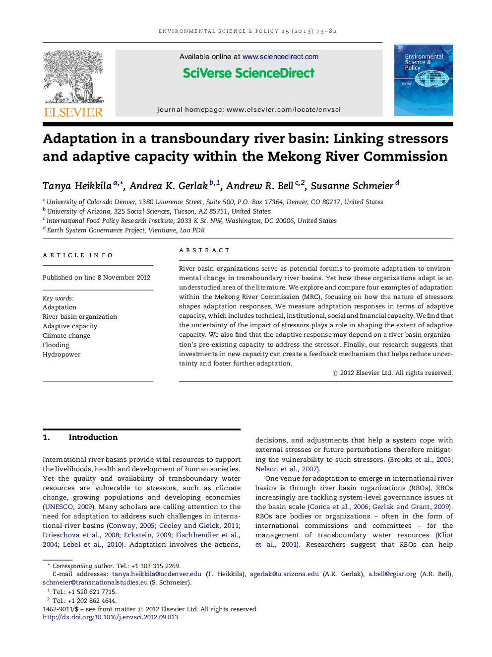 Adaptation in a transboundary river basin: Linking stressors and adaptive capacity within the Mekong River Commission