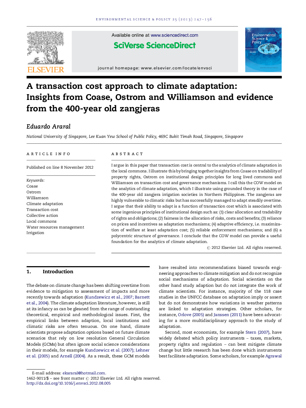 A transaction cost approach to climate adaptation: Insights from Coase, Ostrom and Williamson and evidence from the 400-year old zangjeras