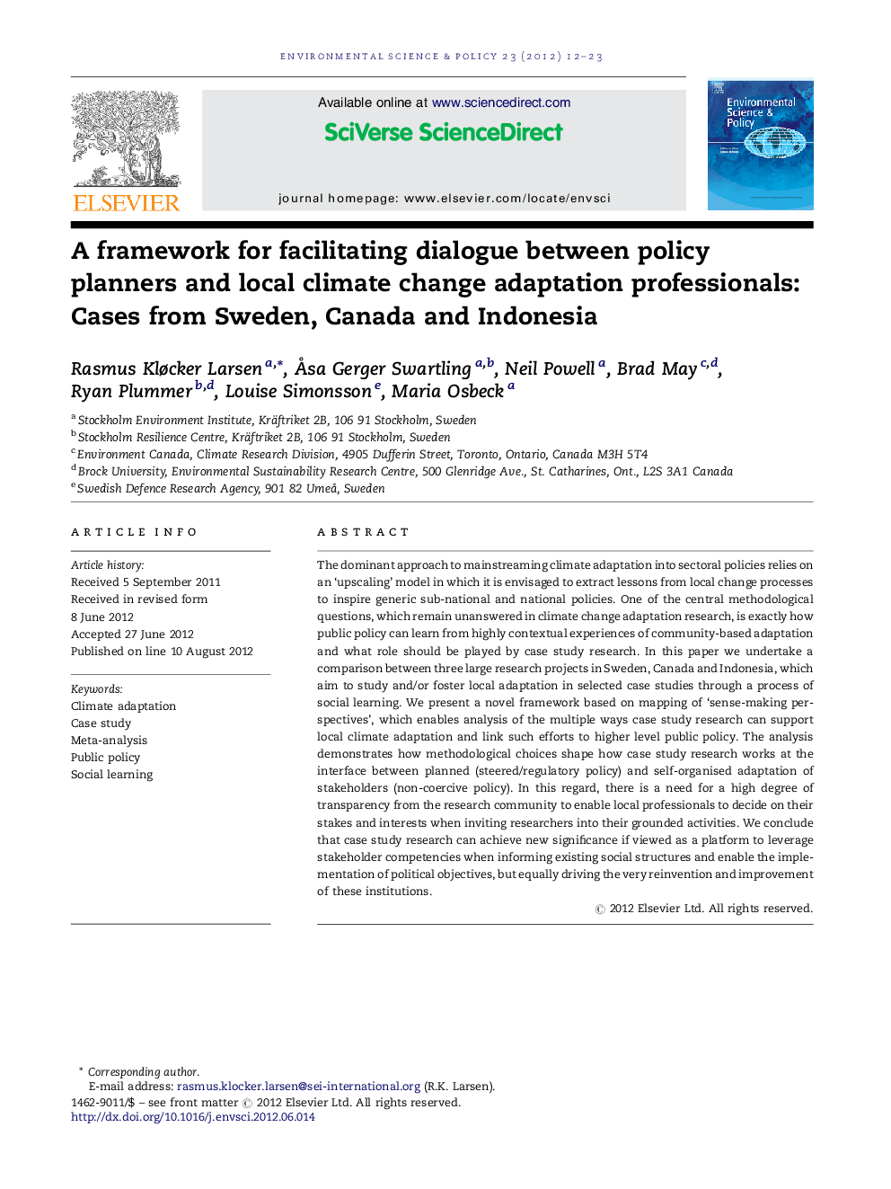 A framework for facilitating dialogue between policy planners and local climate change adaptation professionals: Cases from Sweden, Canada and Indonesia