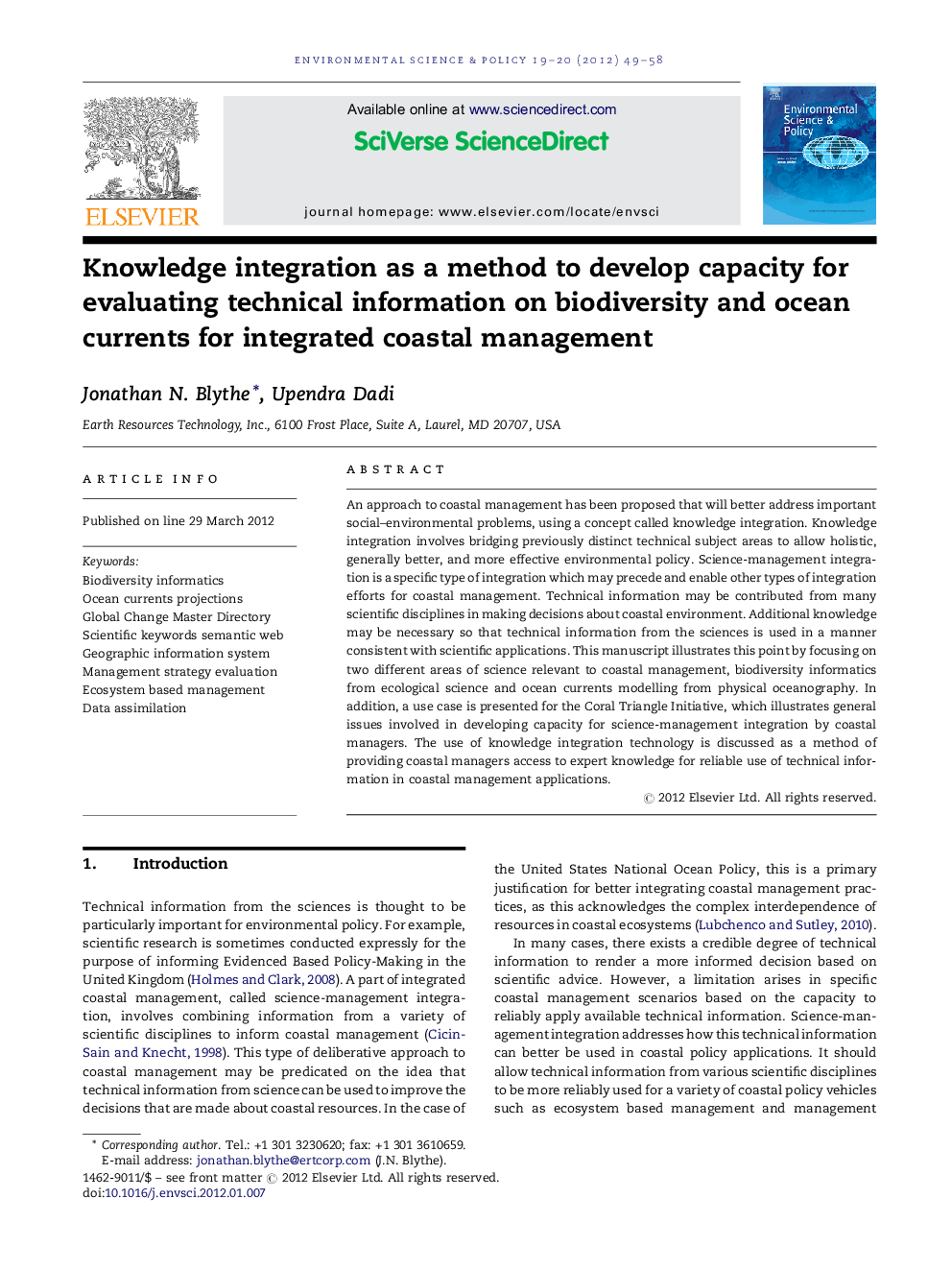 عکس صفحه اول مقاله: Knowledge integration as a method to develop capacity for evaluating technical information on biodiversity and ocean currents for integrated coastal management Knowledge integration as a method to develop capacity for evaluating technical information on biodiversity and ocean currents for integrated coastal management