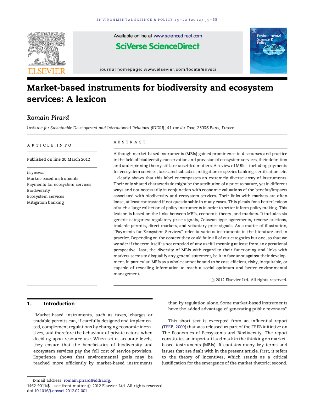 Market-based instruments for biodiversity and ecosystem services: A lexicon