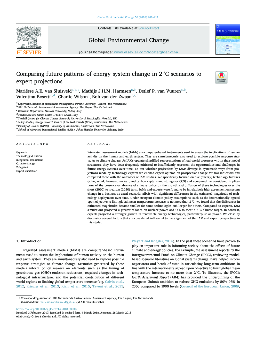 Comparing future patterns of energy system change in 2â¯Â°C scenarios to expert projections