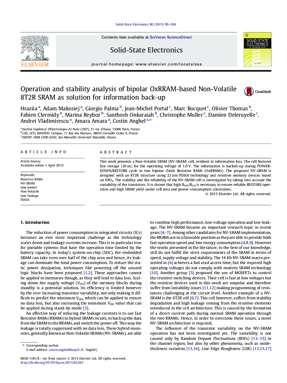 Operation and stability analysis of bipolar OxRRAM-based Non-Volatile 8T2R SRAM as solution for information back-up