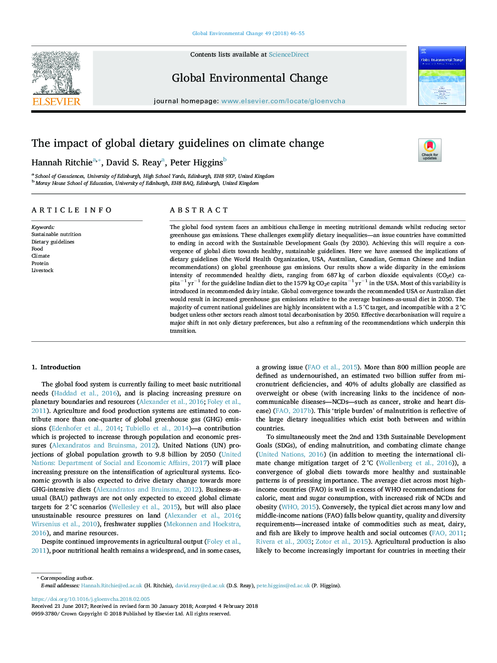 The impact of global dietary guidelines on climate change
