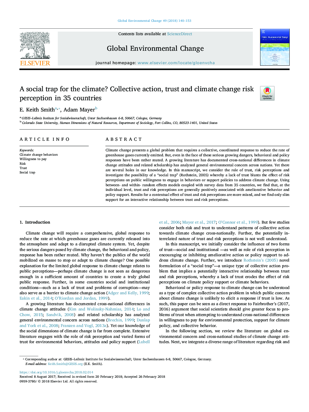 A social trap for the climate? Collective action, trust and climate change risk perception in 35 countries