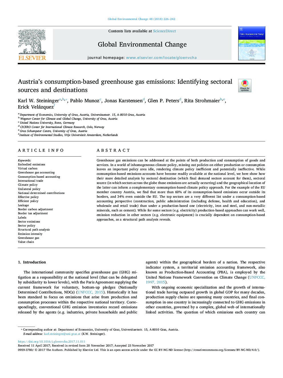 Austria's consumption-based greenhouse gas emissions: Identifying sectoral sources and destinations