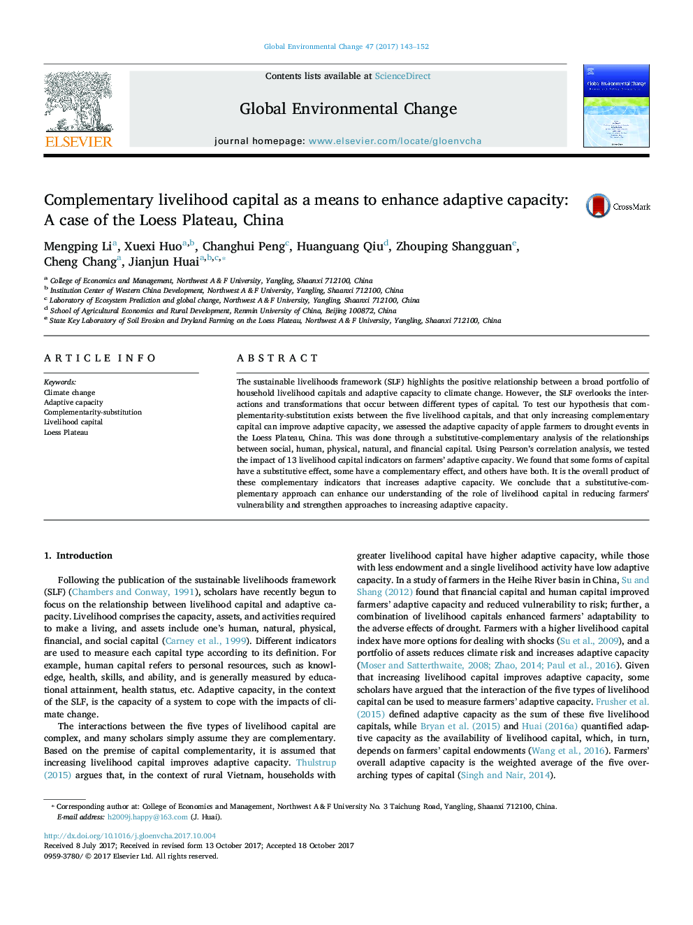 Complementary livelihood capital as a means to enhance adaptive capacity: A case of the Loess Plateau, China