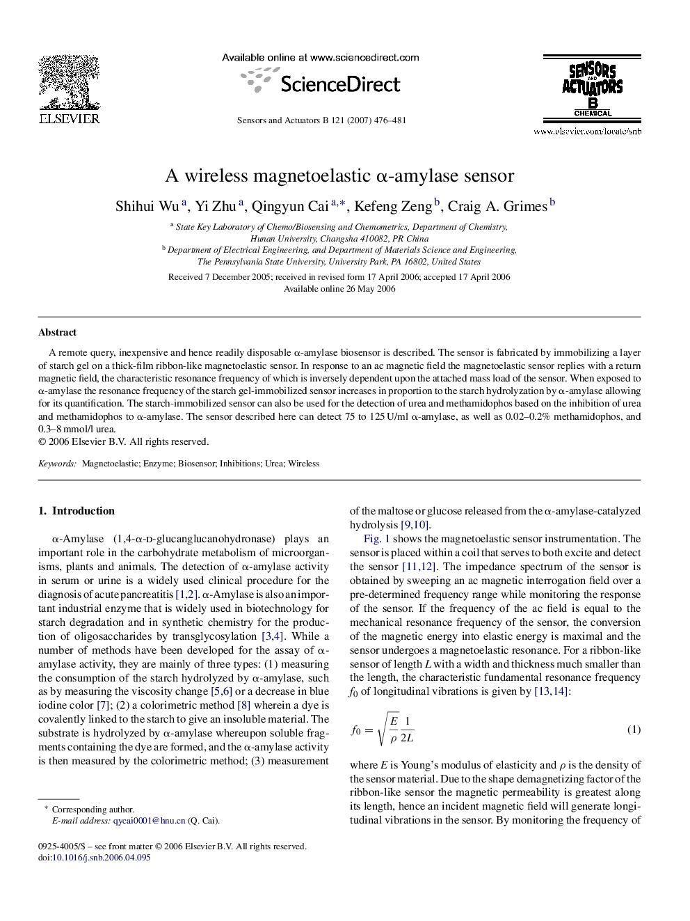 A wireless magnetoelastic α-amylase sensor