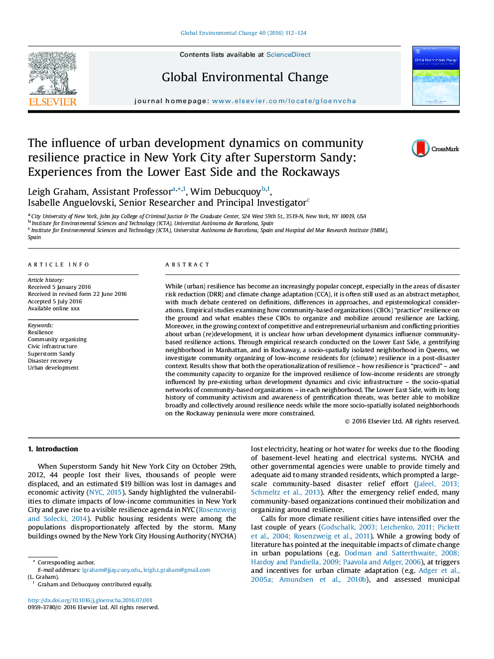 The influence of urban development dynamics on community resilience practice in New York City after Superstorm Sandy: Experiences from the Lower East Side and the Rockaways