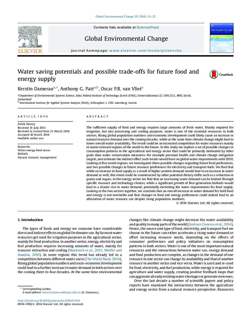 Water saving potentials and possible trade-offs for future food and energy supply