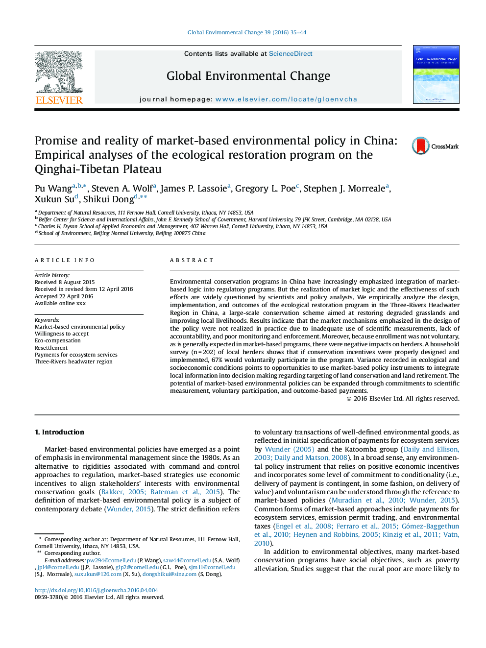 Promise and reality of market-based environmental policy in China: Empirical analyses of the ecological restoration program on the Qinghai-Tibetan Plateau