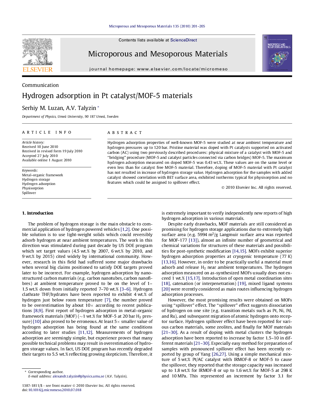 Hydrogen adsorption in Pt catalyst/MOF-5 materials