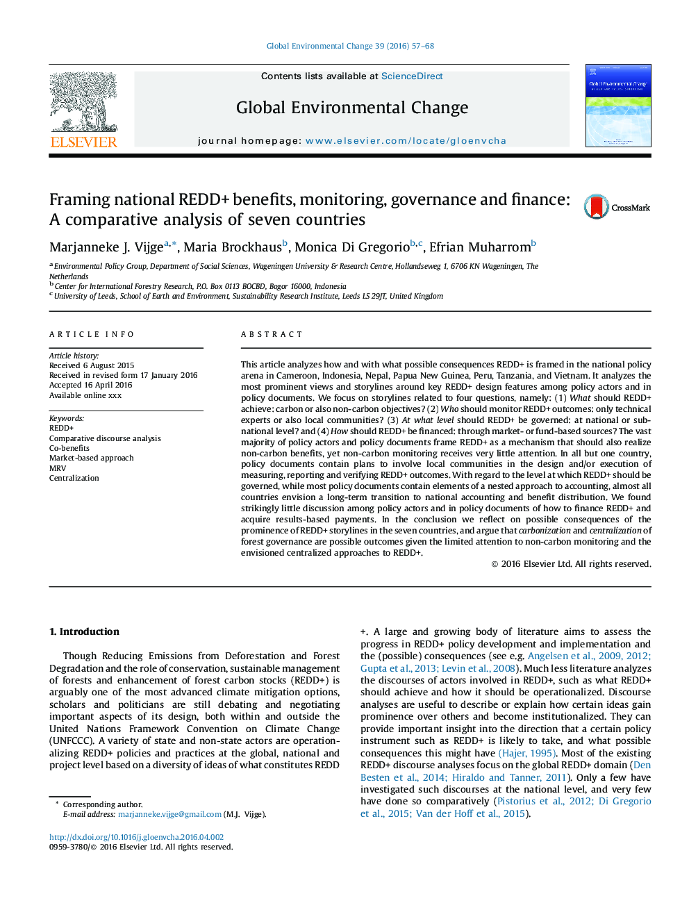 Framing national REDD+ benefits, monitoring, governance and finance: A comparative analysis of seven countries