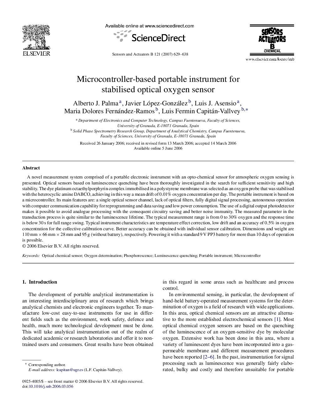 Microcontroller-based portable instrument for stabilised optical oxygen sensor