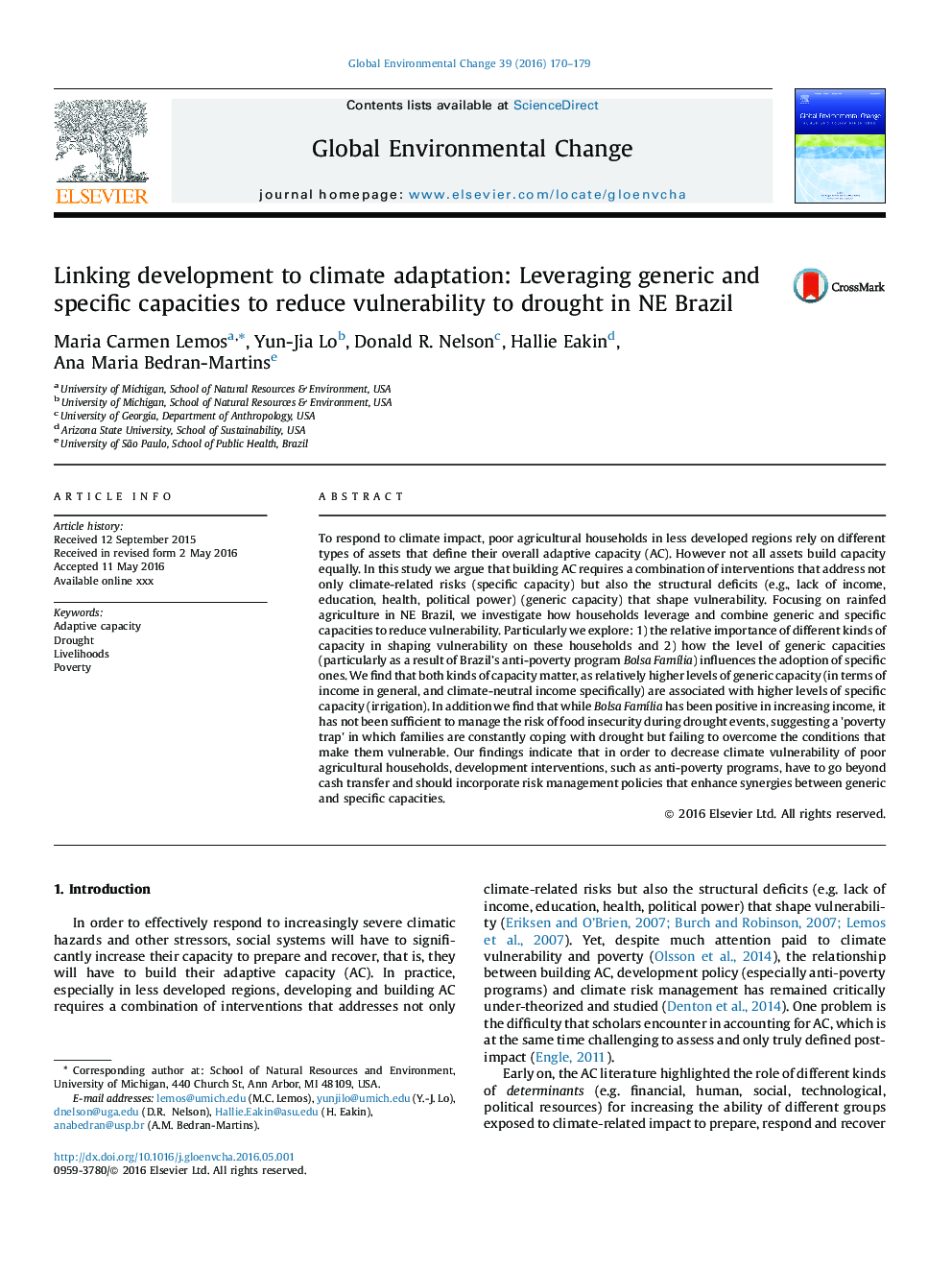 Linking development to climate adaptation: Leveraging generic and specific capacities to reduce vulnerability to drought in NE Brazil