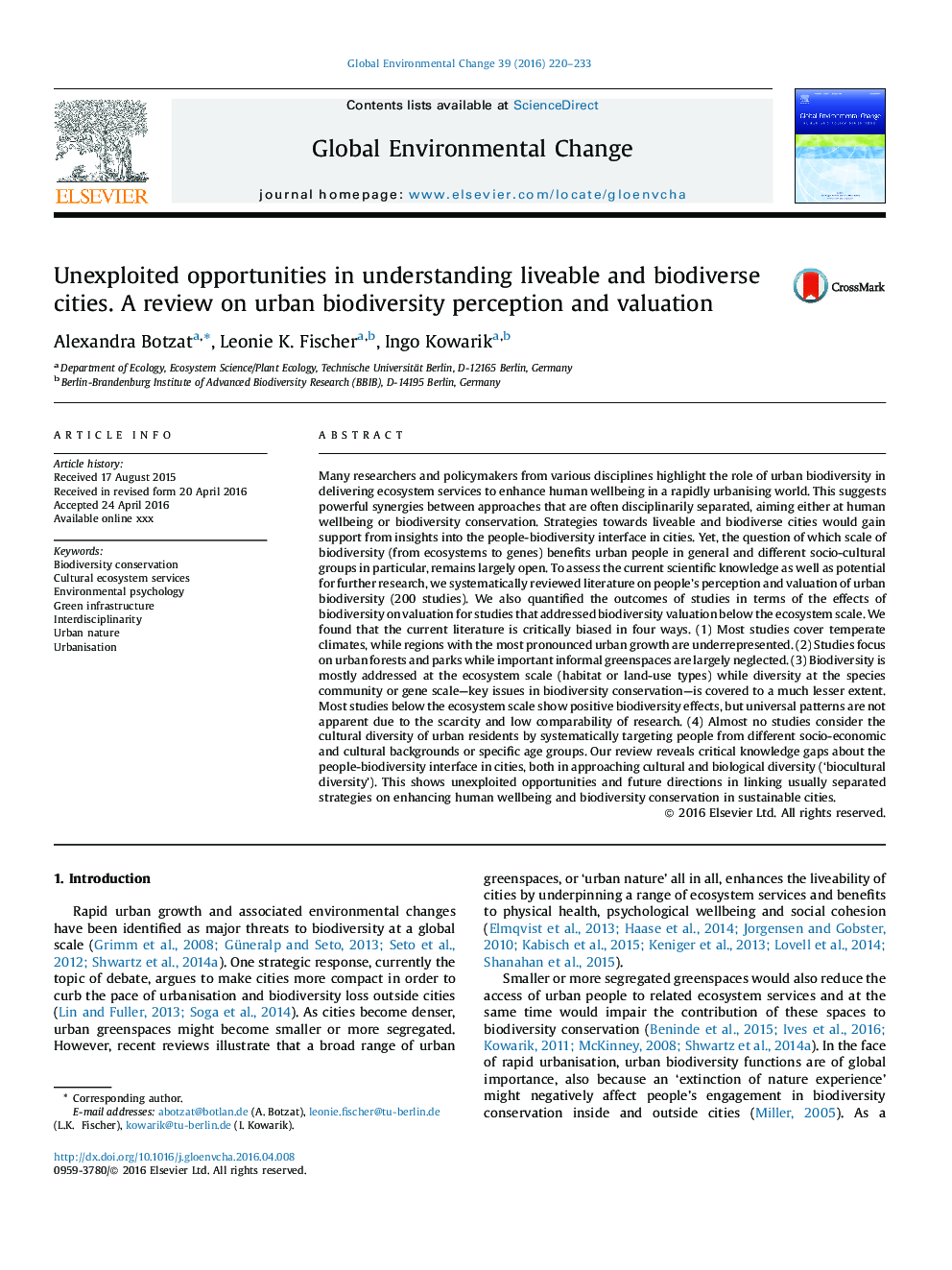 Unexploited opportunities in understanding liveable and biodiverse cities. A review on urban biodiversity perception and valuation