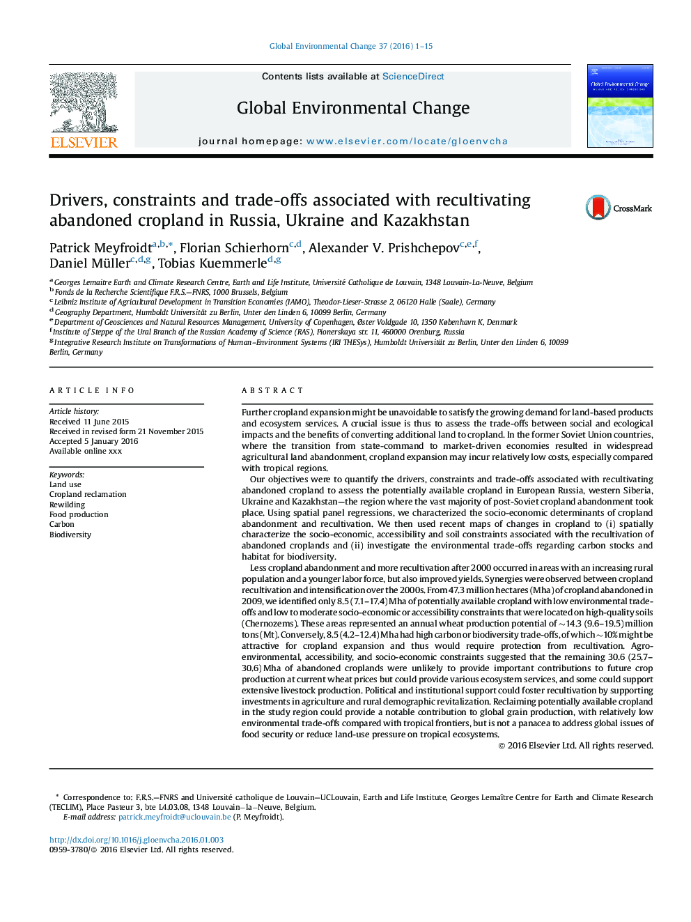 Drivers, constraints and trade-offs associated with recultivating abandoned cropland in Russia, Ukraine and Kazakhstan