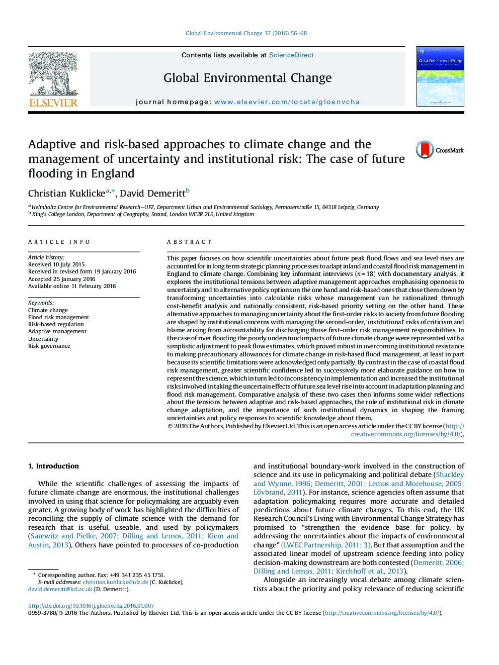 Adaptive and risk-based approaches to climate change and the management of uncertainty and institutional risk: The case of future flooding in England